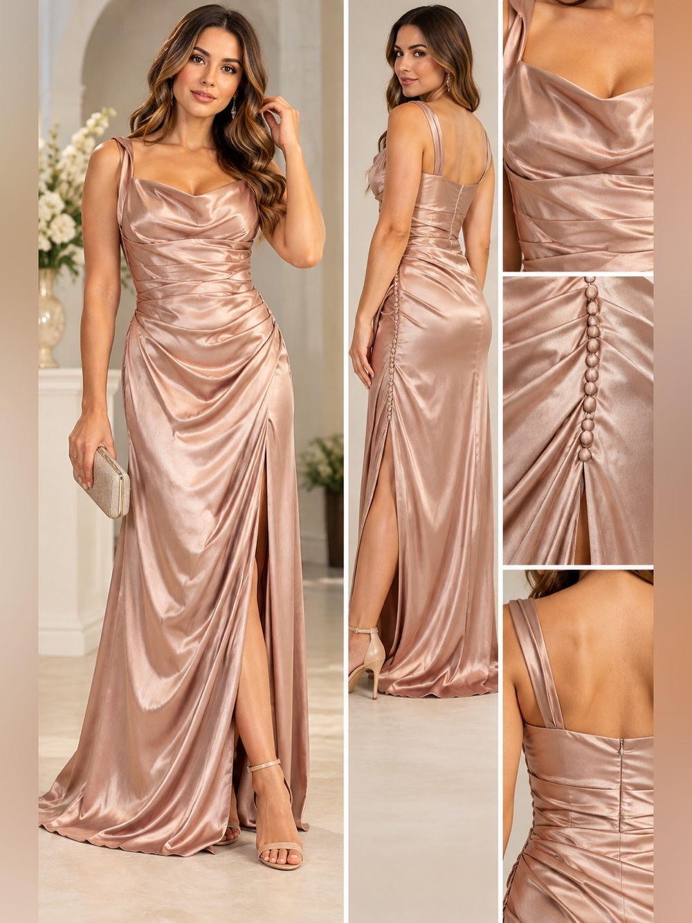 Signature Satin Cowl Maxi Dress - Rose Gold